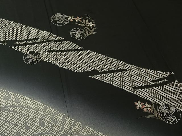 平和屋着物▽訪問着 単衣 雪輪花文 暈し染め 黒地 金彩 正絹 逸品 AABF7102jh