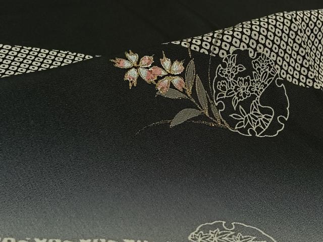 平和屋着物▽訪問着 単衣 雪輪花文 暈し染め 黒地 金彩 正絹 逸品 AABF7102jh