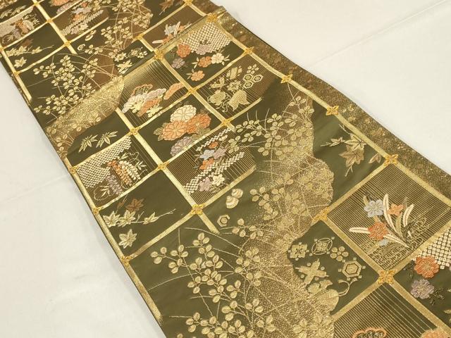 平和屋着物▼六通柄袋帯 宝栄百選 天井花文 金糸 正絹 逸品 AABF7174wj
