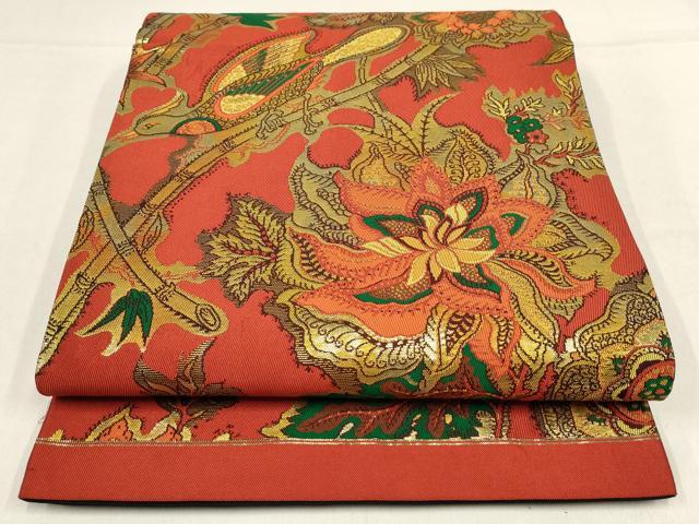平和屋着物▼六通柄袋帯 花鳥文 金糸 正絹 逸品 AABF7497wj