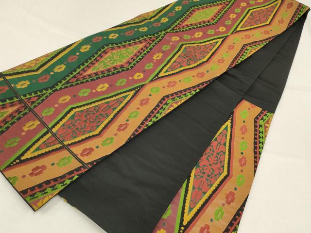 平和屋着物▼六通柄袋帯 幾何学文 黒地 正絹 逸品 AABF7609wj