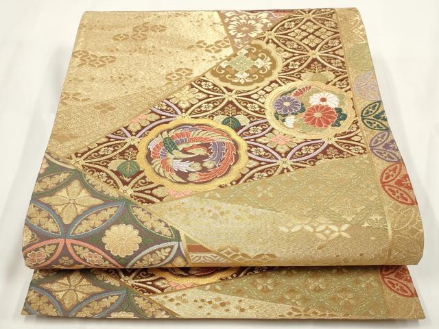 平和屋着物▼六通柄袋帯 切嵌花鳥文 金糸 正絹 逸品 AABF7795wj