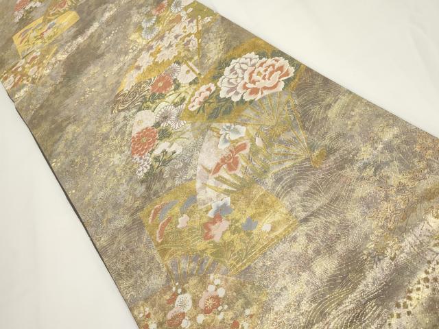平和屋着物▼六通柄袋帯 扇面花文 金糸 正絹 逸品 AABF7834wj