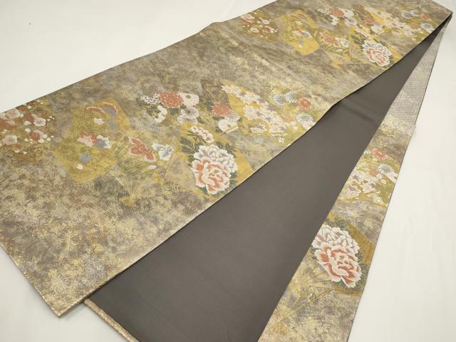 平和屋着物▼六通柄袋帯 扇面花文 金糸 正絹 逸品 AABF7834wj