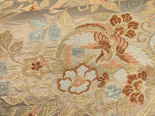 平和屋着物▼六通柄袋帯 沈金蒔絵 斜め取り花鳥文 金糸 正絹 逸品 AABF7862wj