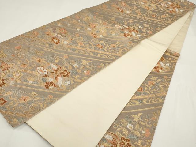 平和屋着物▼六通柄袋帯 沈金蒔絵 斜め取り花鳥文 金糸 正絹 逸品 AABF7862wj