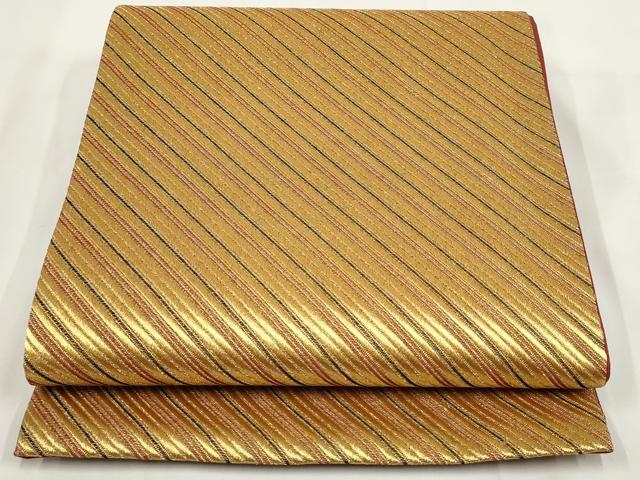 平和屋着物▼全通柄袋帯 斜縞 金糸 正絹 逸品 AABF7924wj