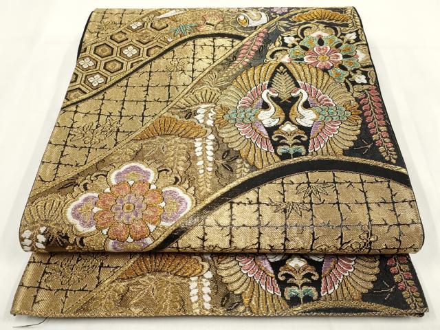 平和屋着物▼六通柄袋帯 松竹梅 向かい鶴 黒地 金糸 正絹 逸品 AABF7931wj