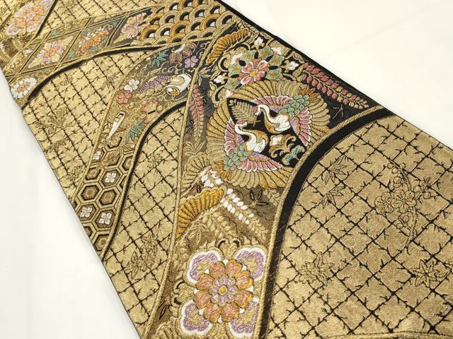 平和屋着物▼六通柄袋帯 松竹梅 向かい鶴 黒地 金糸 正絹 逸品 AABF7931wj