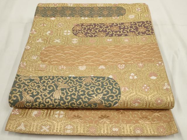 平和屋着物◎六通柄袋帯 霞亀甲花鳥文 金糸 正絹 逸品 AABF8041wj