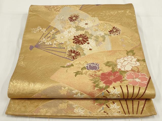 平和屋着物◎六通柄袋帯 秀彩 扇面秋草文 金糸 正絹 逸品 AABF8053wj