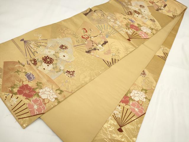平和屋着物◎六通柄袋帯 秀彩 扇面秋草文 金糸 正絹 逸品 AABF8053wj