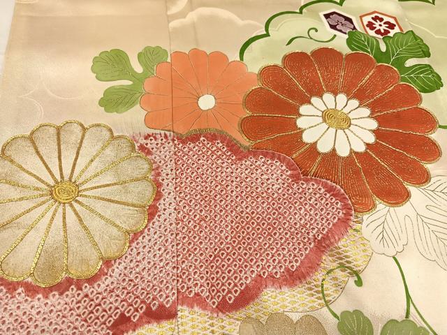 平和屋着物●豪華振袖 駒刺繍 絞り 雲重ね亀甲草花文 金彩 正絹 逸品 AABF8107ph