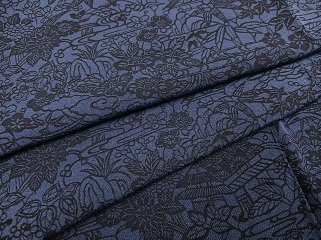 平和屋着物●上質な小紋 藍 型染め 風景草花文 正絹 逸品 AABF8114ph