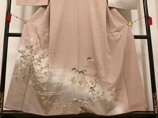 平和屋着物●訪問着 群鶴浜松枝花文 暈し染め 金彩 正絹 逸品 AABF8122ph