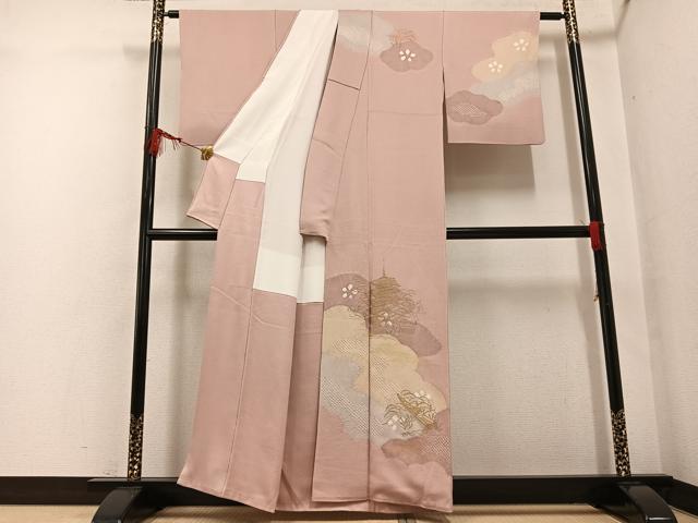 平和屋着物●訪問着 絞り 刺繍 風景松笹文 金糸 正絹 逸品 AABF8124ph