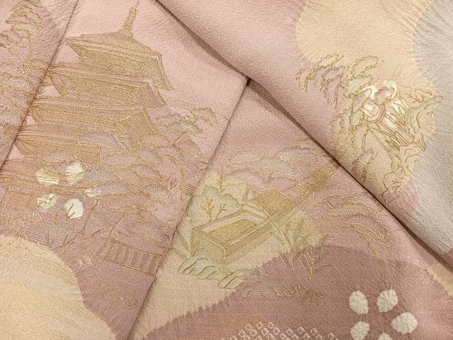 平和屋着物●訪問着 絞り 刺繍 風景松笹文 金糸 正絹 逸品 AABF8124ph