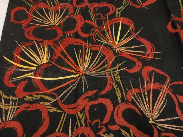 平和屋着物●豪華振袖 刺繍 ろうけつ染め 梅文 黒地 金彩 正絹 逸品 AABF8132ph