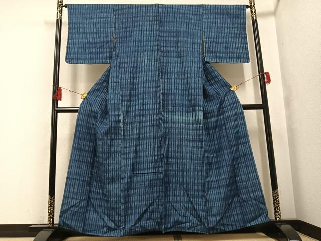 平和屋着物●上質な紬 本藍 絞り 格子 正絹 逸品 AABF8140ph
