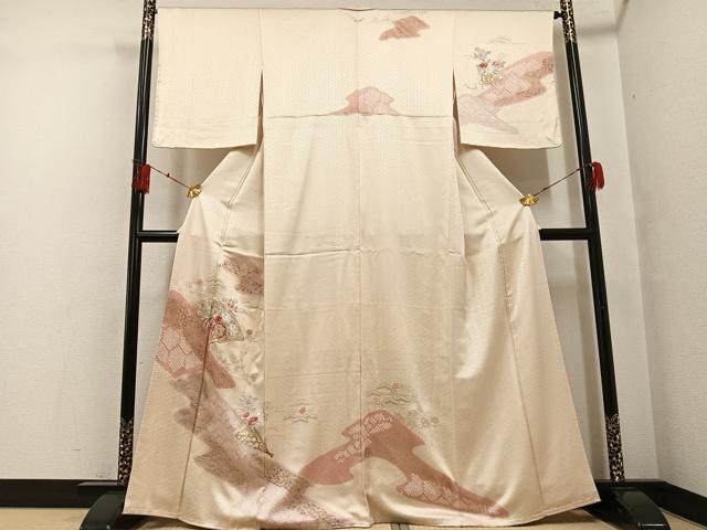 平和屋着物●訪問着 絞り 刺繍 地紙草花文 金彩 正絹 逸品 AABF8143ph