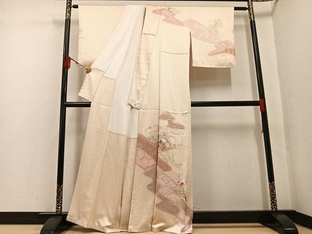 平和屋着物●訪問着 絞り 刺繍 地紙草花文 金彩 正絹 逸品 AABF8143ph