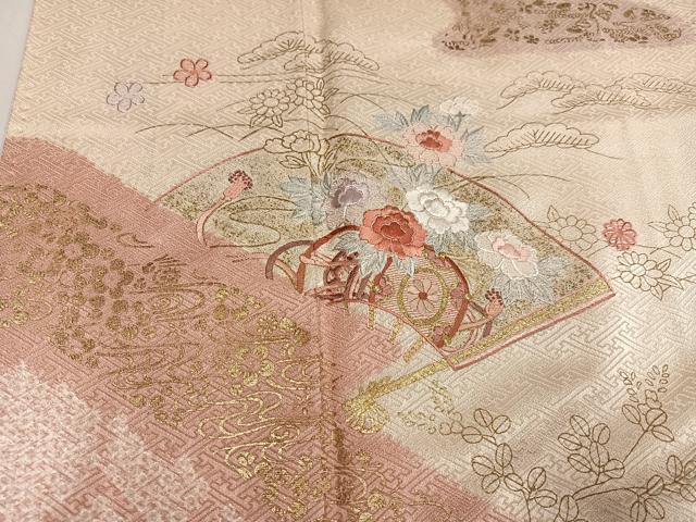 平和屋着物●訪問着 絞り 刺繍 地紙草花文 金彩 正絹 逸品 AABF8143ph