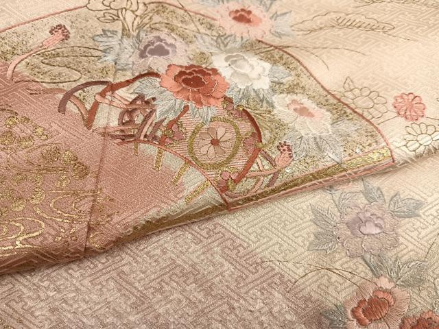 平和屋着物●訪問着 絞り 刺繍 地紙草花文 金彩 正絹 逸品 AABF8143ph