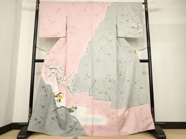 平和屋着物●人間国宝 羽田登喜男 TOKIOetTOKI 訪問着 鴛鴦花文 暈し染め 金銀彩 正絹 逸品 AABF8169ck