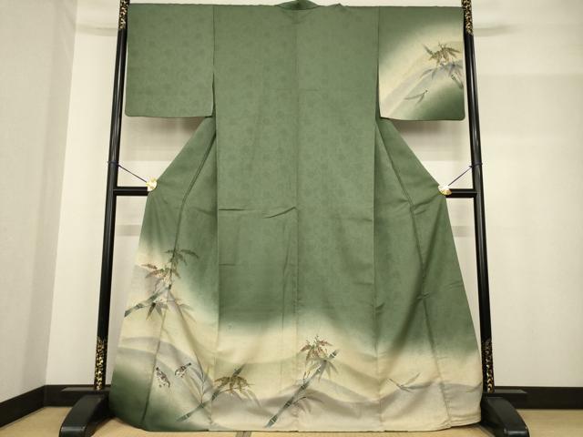 平和屋着物●訪問着 手描き 雀 笹竹文 暈し染め 正絹 逸品 AABF8185ck