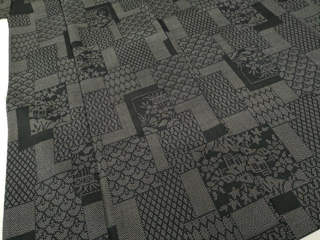 平和屋着物●本塩沢 色紙重ね風景文 黒地 証紙付き 正絹 逸品 AABF8217ck