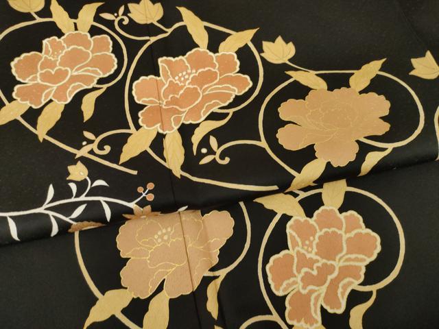 平和屋着物●訪問着 駒刺繍 花唐草文 黒地 金彩 大丸扱い 正絹 逸品 AABF8235ck