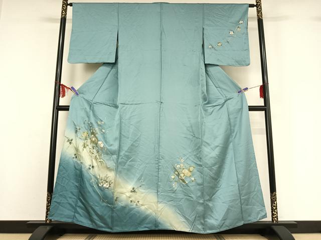 平和屋着物▽訪問着 単衣 刺繍 枝花文 暈し染め 金糸 金彩 正絹 逸品 AABF8285jh