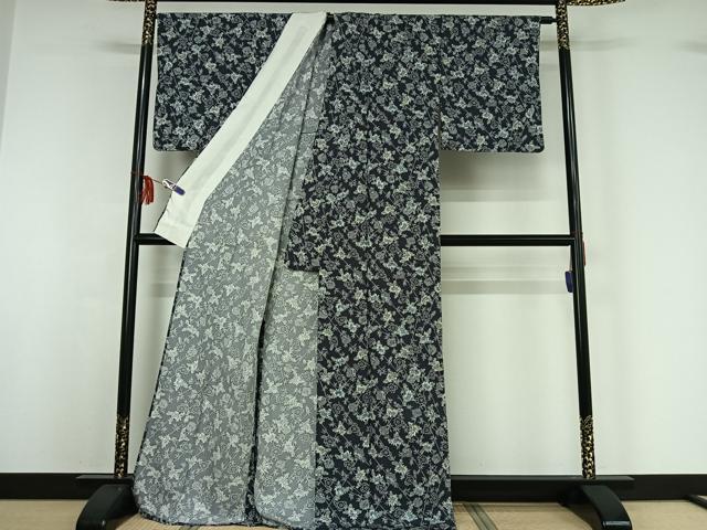 平和屋着物▽上質な小紋 単衣 笹竹花文 正絹 逸品 AABF8298jh
