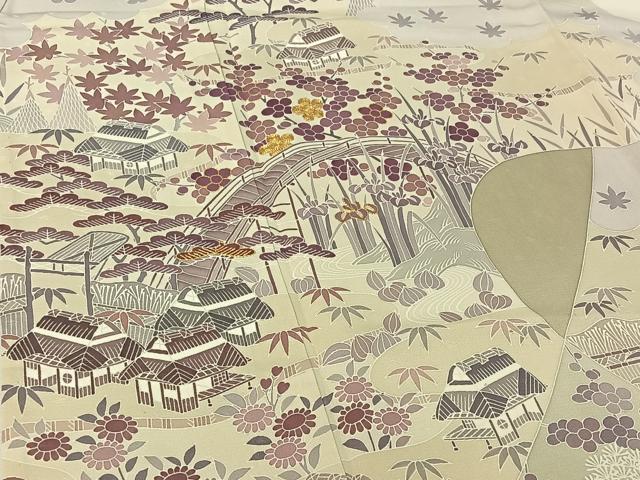 平和屋着物▽創業460年・千總 訪問着 単衣 駒刺繍 風景花文 金彩 正絹 逸品 AABF8301jh