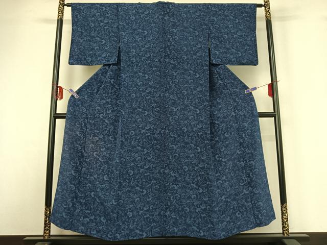 平和屋着物▽上質な小紋 単衣 藍 型染め 草花文 鬼しぼ縮緬 正絹 逸品 AABF8309jh