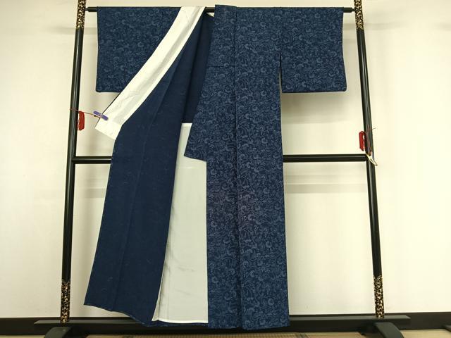 平和屋着物▽上質な小紋 単衣 藍 型染め 草花文 鬼しぼ縮緬 正絹 逸品 AABF8309jh