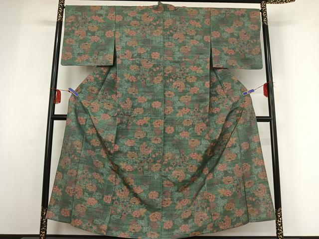 平和屋着物▽上質な紬 単衣 草花文 正絹 逸品 AABF8320jh