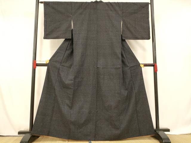 平和屋着物■上質な紬 格子 黒地 正絹 逸品 AABF8495fw