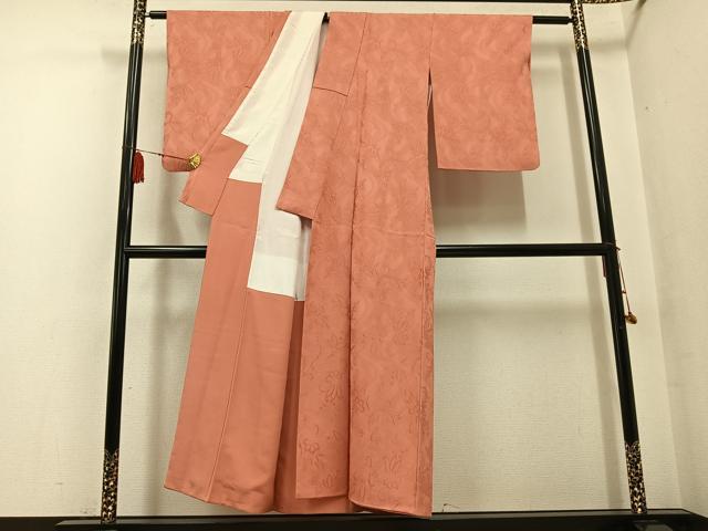 平和屋着物●上質な色無地 草花地紋 曙色 正絹 逸品 AABF8725ph