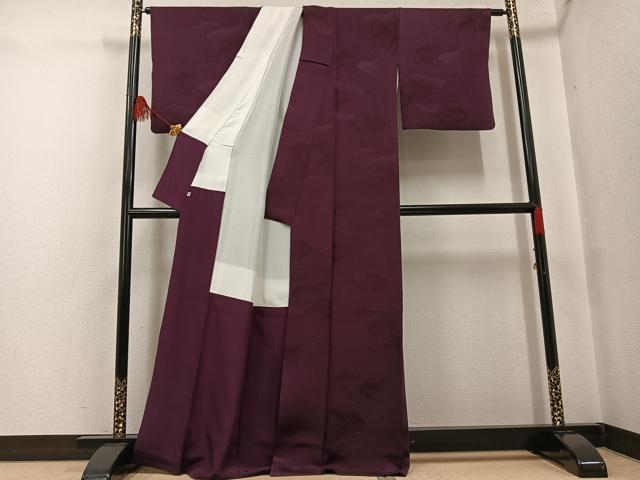 平和屋着物●上質な色無地 雲重ね草木地紋 濃色 正絹 逸品 AABF8734ph