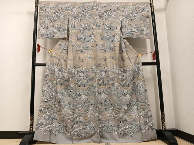 平和屋着物●訪問着 中国三大刺繍 スワトウ刺繍 汕頭刺繍 色紙人物草花文 金彩 正絹 逸品 未使用 AABF8782ph