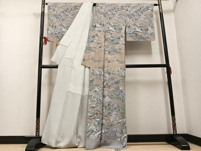平和屋着物●訪問着 中国三大刺繍 スワトウ刺繍 汕頭刺繍 色紙人物草花文 金彩 正絹 逸品 未使用 AABF8782ph