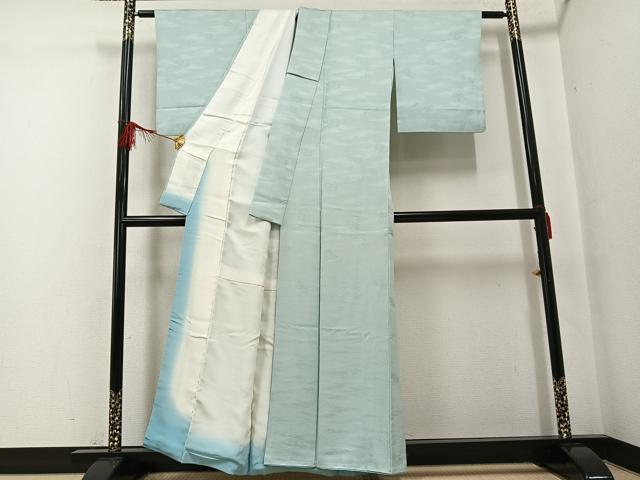 平和屋着物●上質な色無地 七宝花地紋 白緑色 正絹 逸品 AABF8795ph