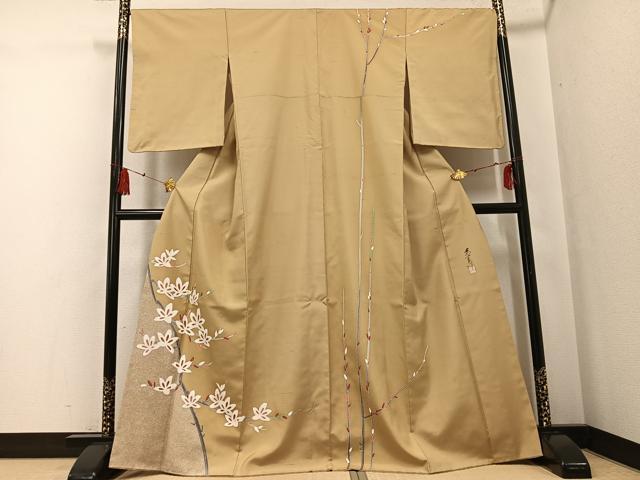 平和屋着物●日本工芸会正会員 京友禅作家 清水光美 訪問着 紬地 枝花文 金彩 三越扱い 正絹 逸品 AABF8798ph