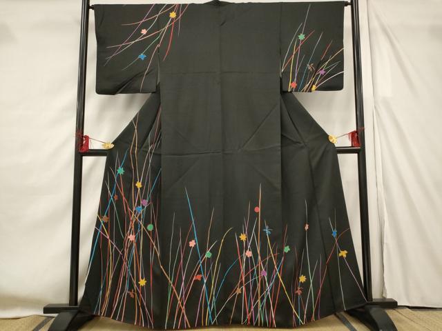平和屋着物■訪問着 草花文 黒地 金彩 正絹 逸品 AABF8891st
