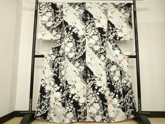 平和屋着物●上質な小紋 立波花文 黒地 金彩 正絹 逸品 AABF8996ck