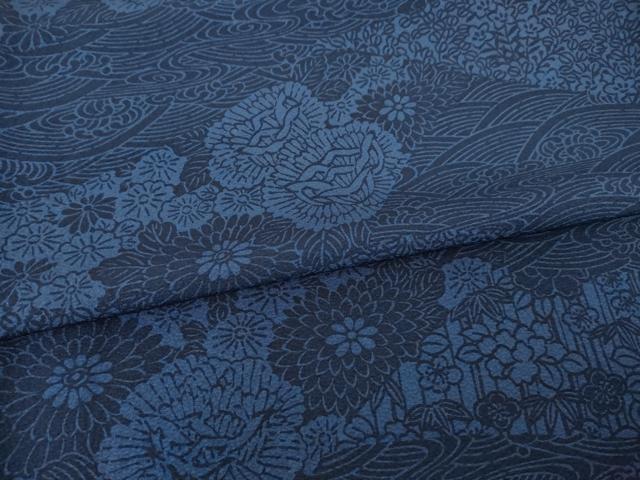 平和屋着物●上質な小紋 藍 型染め 流水花文 ロング丈 正絹 逸品 AABF9003ck