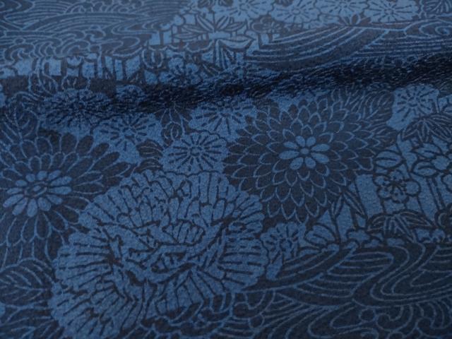 平和屋着物●上質な小紋 藍 型染め 流水花文 ロング丈 正絹 逸品 AABF9003ck