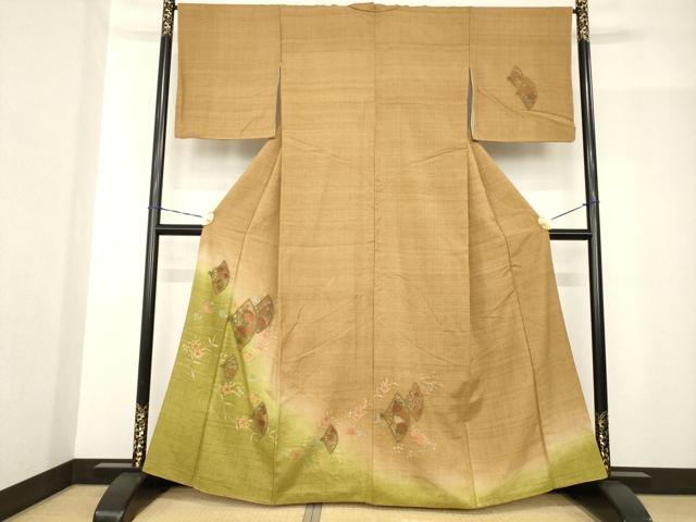 平和屋着物●訪問着 紬地 中国三大刺繍 スワトウ刺繍 汕頭刺繍 扇面花文 暈し染め 金彩 正絹 逸品 AABF9005ck