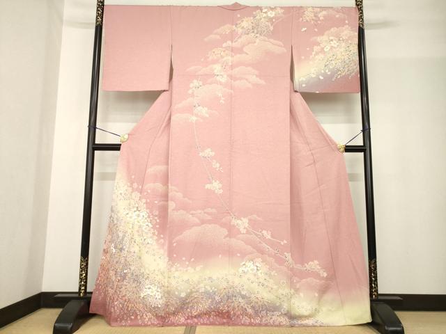 平和屋着物●訪問着 枝花文 暈し染め 金通し地 正絹 逸品 AABF9009ck
